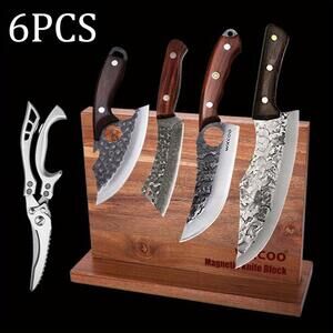 6 Piece Forged CHEF KNIFE Set 4 Kitchen Knives+ Scissors+ Wood Block